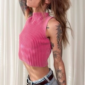 The Workshop Pink Ribbed Knit Mock Neck Crop Top Sleeveless Cotton TW1297 L